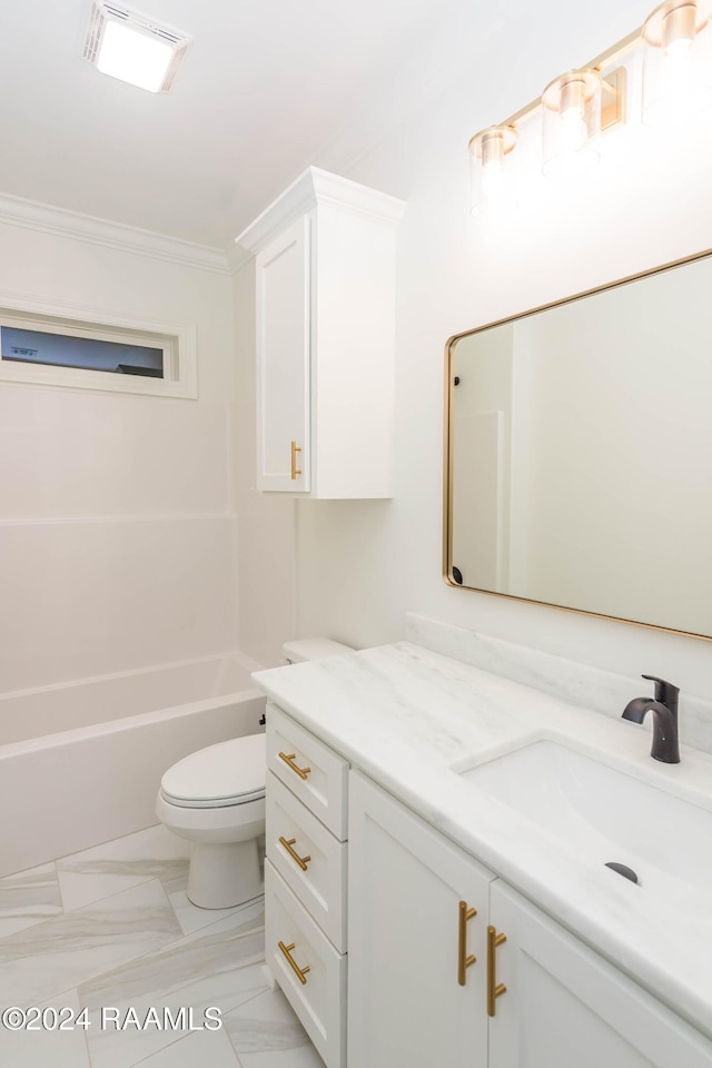 full bathroom with vanity, toilet, ornamental molding, and bathing tub / shower combination