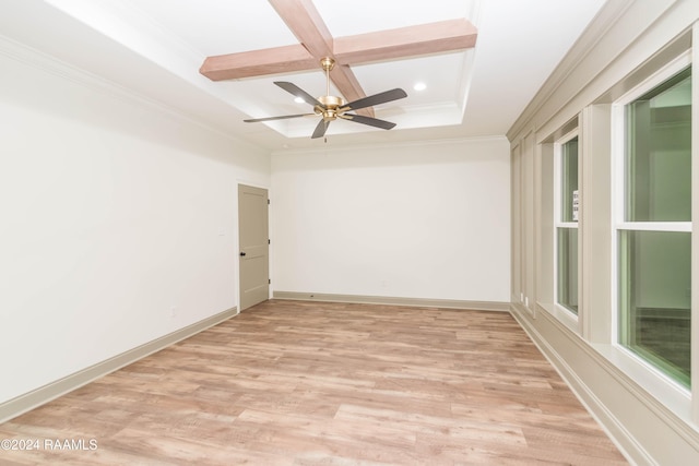 spare room featuring coffered ceiling, ceiling fan, light wood-type flooring, ornamental molding, and beamed ceiling