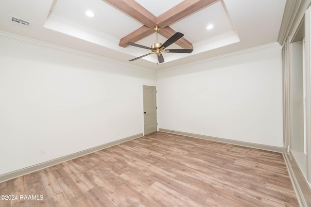 spare room featuring coffered ceiling, ceiling fan, crown molding, beam ceiling, and light hardwood / wood-style floors