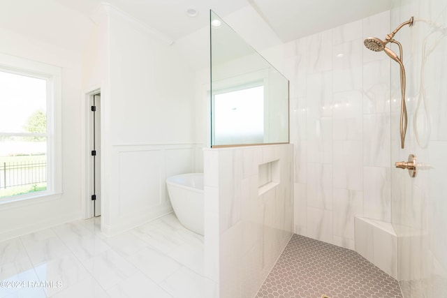 bathroom with plus walk in shower and ornamental molding