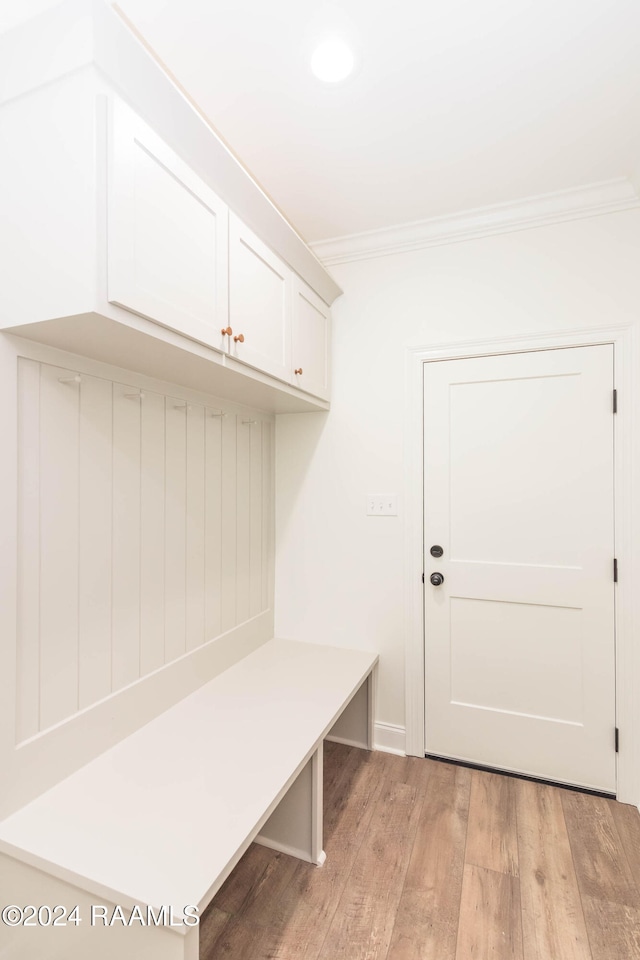 mudroom with light hardwood / wood-style flooring and crown molding