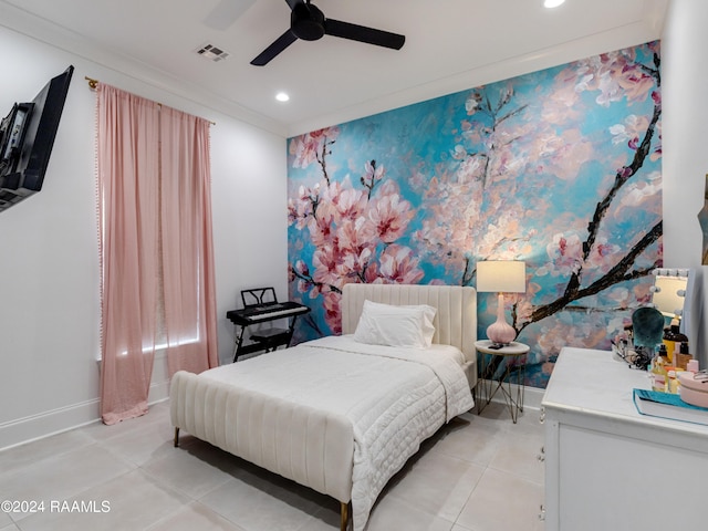 bedroom with light tile patterned floors, recessed lighting, visible vents, a ceiling fan, and baseboards