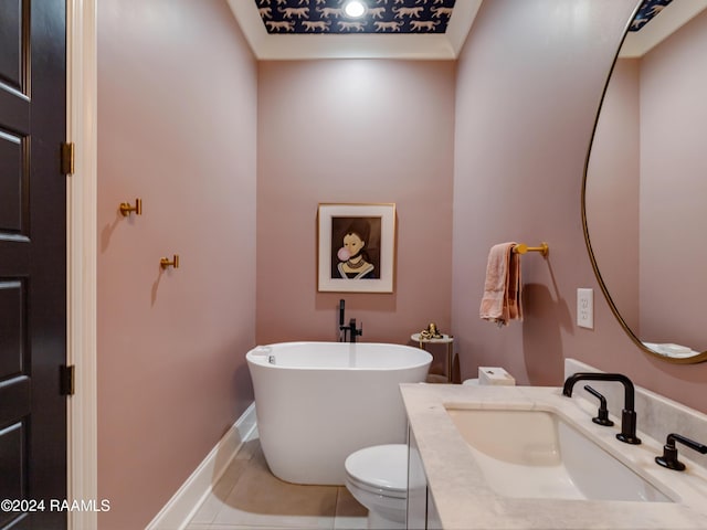 bathroom with a soaking tub, toilet, vanity, tile patterned flooring, and baseboards