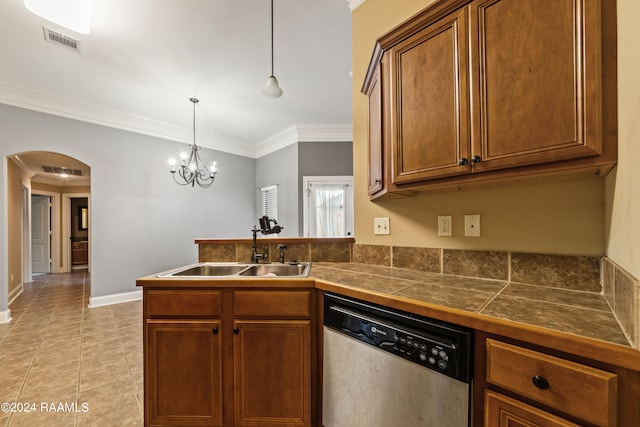 kitchen featuring dishwasher, crown molding, decorative light fixtures, sink, and a notable chandelier