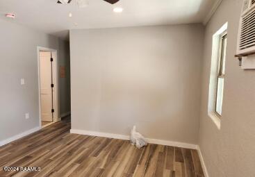 spare room with ceiling fan, dark wood-type flooring, and a wealth of natural light