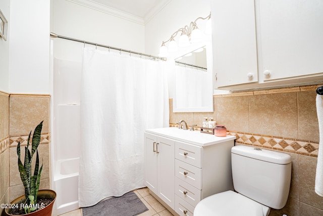 bathroom with crown molding, toilet, tile walls, and tile patterned floors