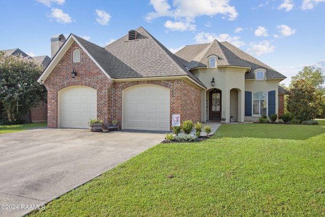 french country style house with a garage and a front lawn