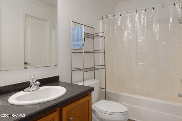 full bathroom featuring crown molding, shower / bath combo, vanity, and toilet