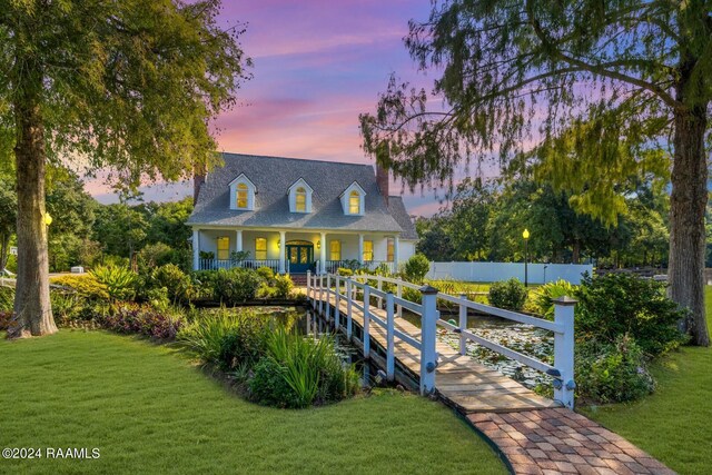 cape cod house with covered porch and a yard