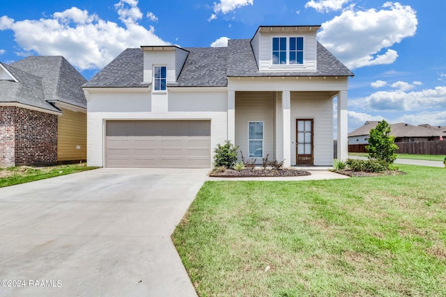 view of front of home with a garage and a front lawn