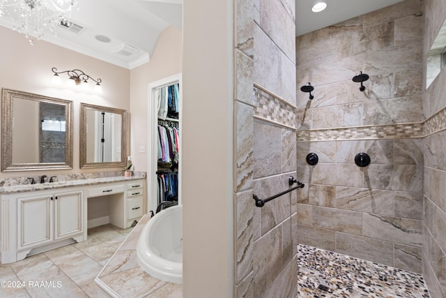 full bath with a garden tub, crown molding, visible vents, vanity, and a walk in shower