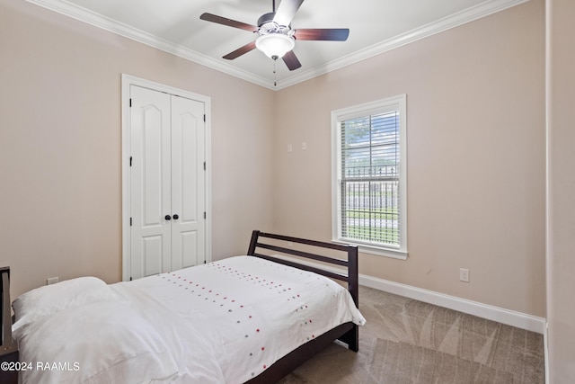 bedroom featuring a closet, ornamental molding, carpet flooring, ceiling fan, and baseboards