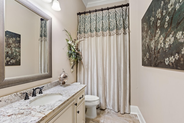 bathroom with ornamental molding, curtained shower, tile patterned flooring, vanity, and toilet