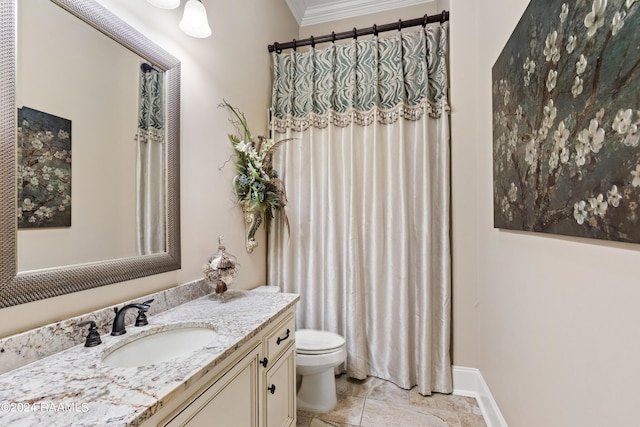 full bathroom featuring baseboards, crown molding, vanity, and toilet