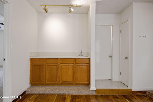 bathroom with a textured ceiling, vanity, hardwood / wood-style floors, and rail lighting