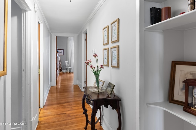 hall featuring light wood finished floors and ornamental molding