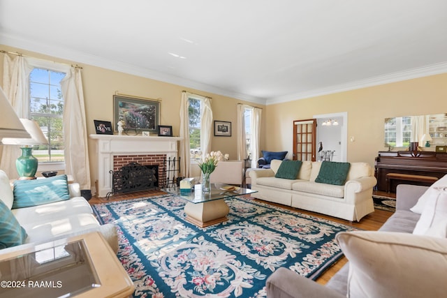 living room with ornamental molding, a healthy amount of sunlight, and wood finished floors