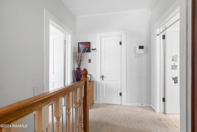 corridor featuring an upstairs landing, ornamental molding, and carpet