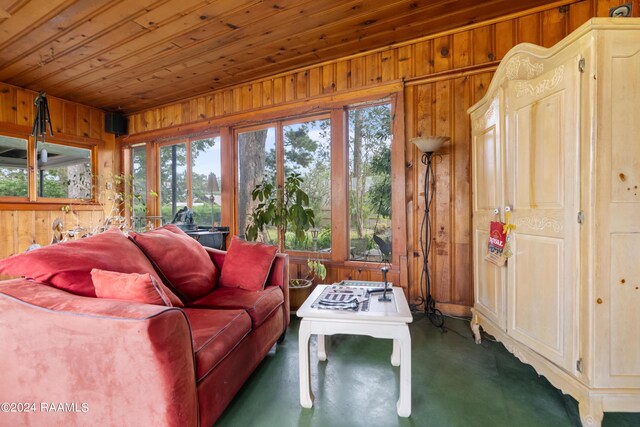 carpeted living area featuring wood walls and wooden ceiling