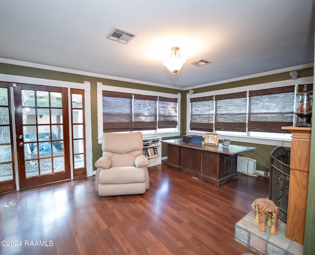 home office featuring ornamental molding and dark wood-type flooring