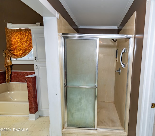 bathroom featuring plus walk in shower and ornamental molding