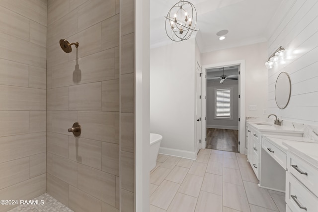 bathroom featuring hardwood / wood-style floors, ceiling fan with notable chandelier, crown molding, and vanity