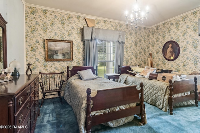 bedroom featuring crown molding, carpet flooring, and an inviting chandelier