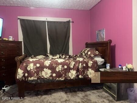 carpeted bedroom with a textured ceiling