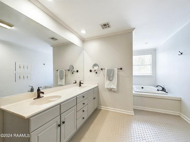 bathroom featuring vanity, ornamental molding, a bath, and tile patterned floors