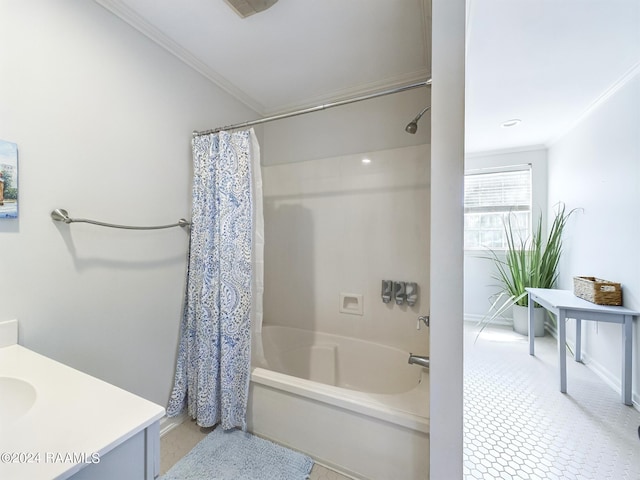 68335 Taulla Dr, Covington, LA 70433 - full bathroom featuring shower / tub combo, ornamental molding, and vanity