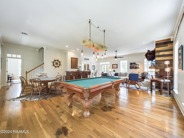 game room with crown molding, ceiling fan, pool table, and light hardwood / wood-style floors