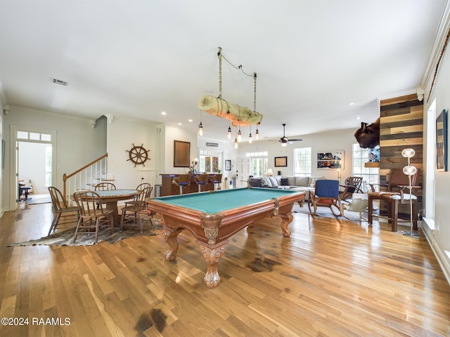 68335 Taulla Dr, Covington, LA 70433 - recreation room with light wood-style flooring, billiards, recessed lighting, crown molding, and a ceiling fan