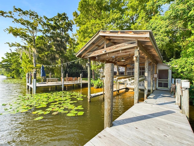 view of dock with a water view