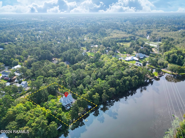 drone / aerial view featuring a water view