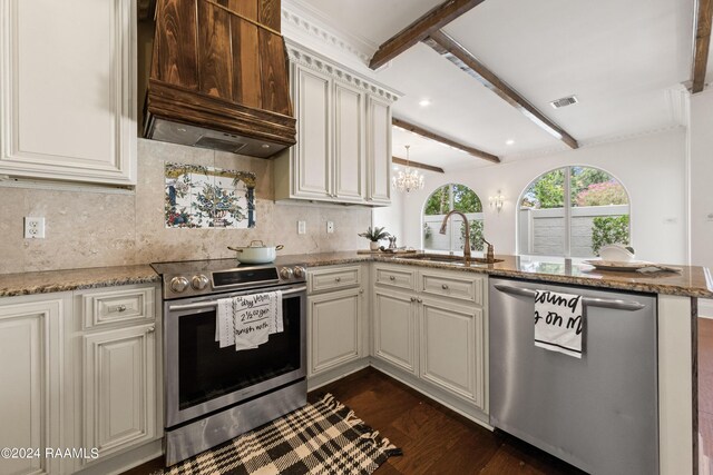 kitchen with stainless steel appliances, kitchen peninsula, light stone countertops, custom range hood, and beam ceiling