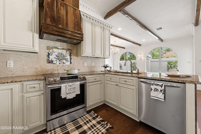 kitchen featuring premium range hood, decorative backsplash, a peninsula, stainless steel appliances, and a sink