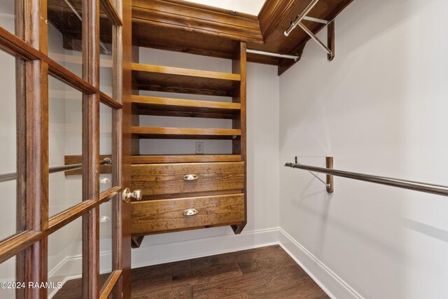 walk in closet with dark wood-type flooring