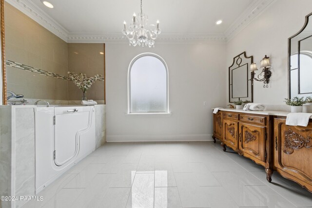 bathroom featuring a notable chandelier, crown molding, and vanity