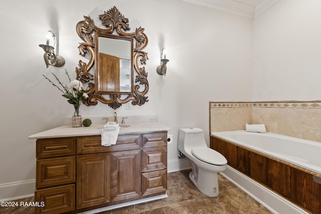 bathroom featuring crown molding, toilet, a garden tub, tile patterned floors, and vanity