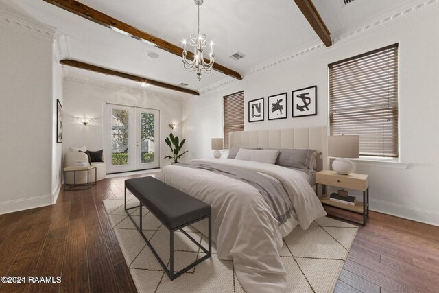 bedroom with crown molding, a chandelier, french doors, dark wood-type flooring, and beam ceiling