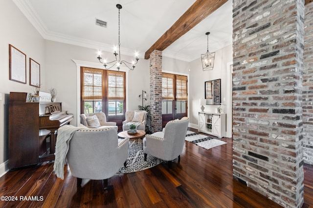 living room featuring brick wall, a notable chandelier, beam ceiling, and dark hardwood / wood-style flooring