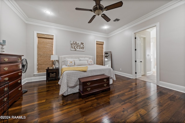 bedroom with ceiling fan, dark hardwood / wood-style flooring, and crown molding