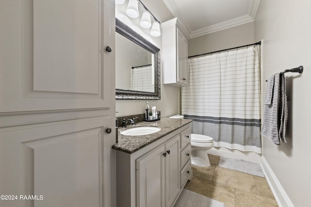 bathroom with curtained shower, tile patterned flooring, crown molding, toilet, and vanity