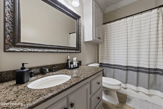 full bathroom with toilet, tile patterned floors, ornamental molding, vanity, and shower / bathtub combination with curtain