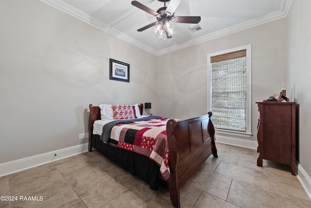 bedroom featuring ornamental molding, multiple windows, light tile patterned floors, and ceiling fan