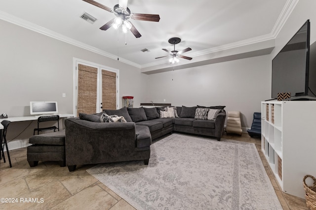 tiled living room featuring crown molding and ceiling fan