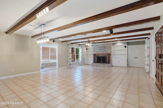 unfurnished living room with light tile patterned floors, visible vents, a brick fireplace, ceiling fan, and baseboards