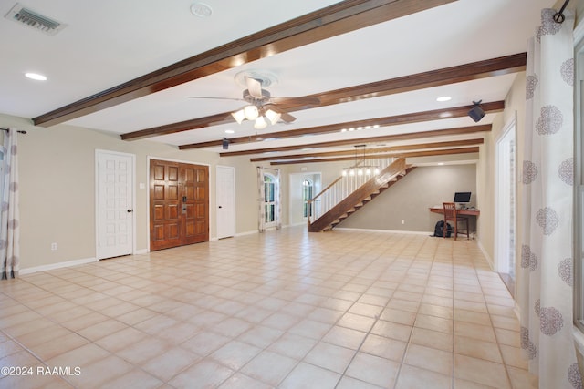 unfurnished living room with recessed lighting, visible vents, baseboards, stairs, and beamed ceiling