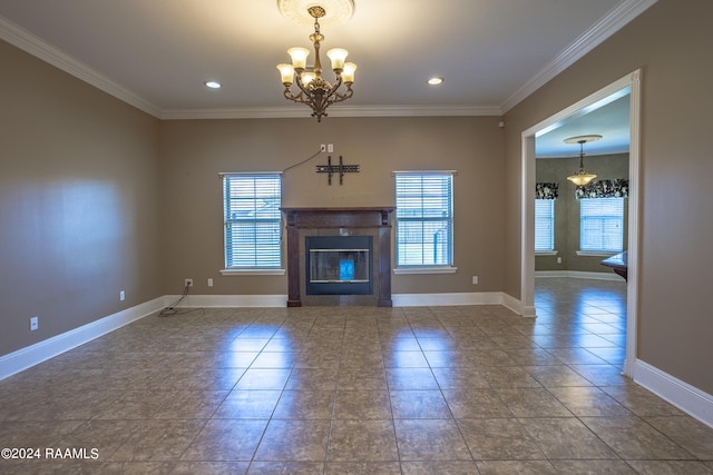 unfurnished living room with tile patterned flooring, crown molding, and a notable chandelier