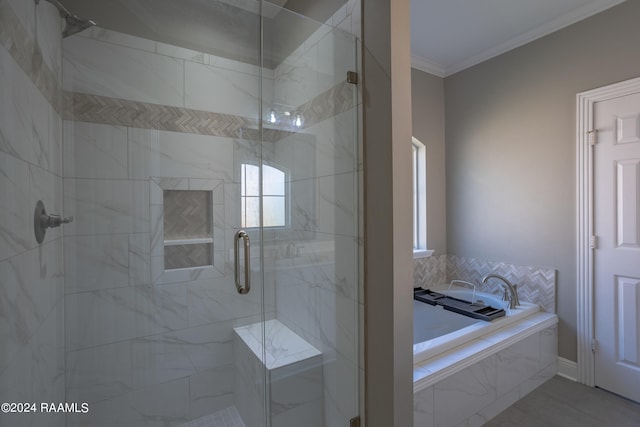 bathroom with ornamental molding, tile patterned floors, and shower with separate bathtub